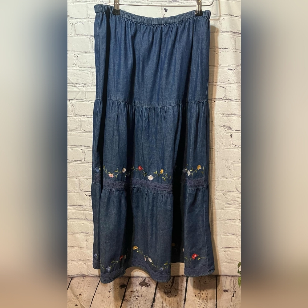 Erika Denim Maxi Skirt with Floral Embroidery